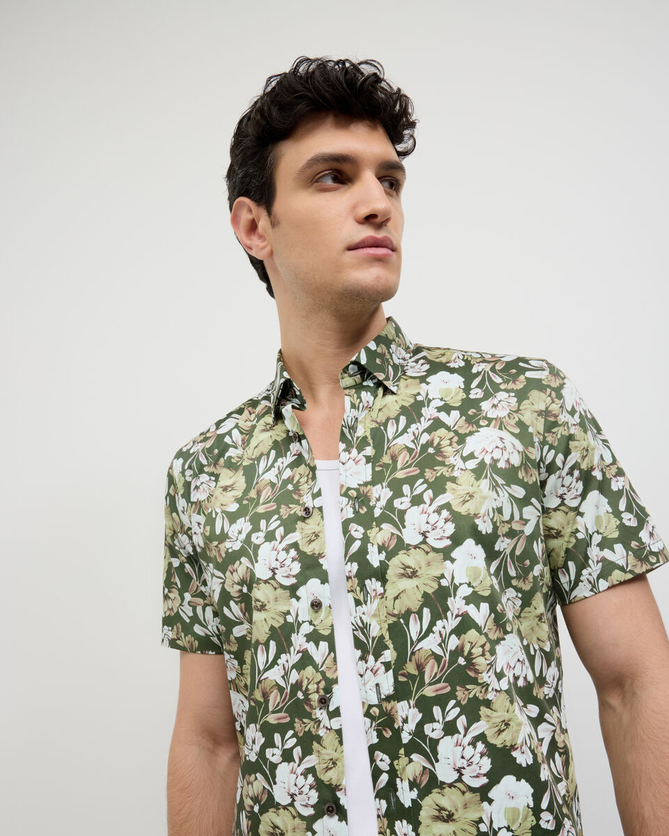 Painted Floral Short Sleeve Shirt, Khaki, hi-res